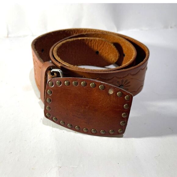 Linea Pelle leather belt handmade statement buckle western classic brown women M - Picture 2 of 10